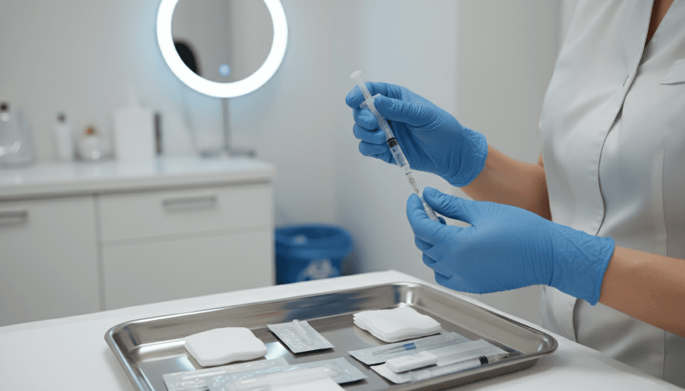 Close-up of a nurse preparing an injectable treatment in a clinical setting