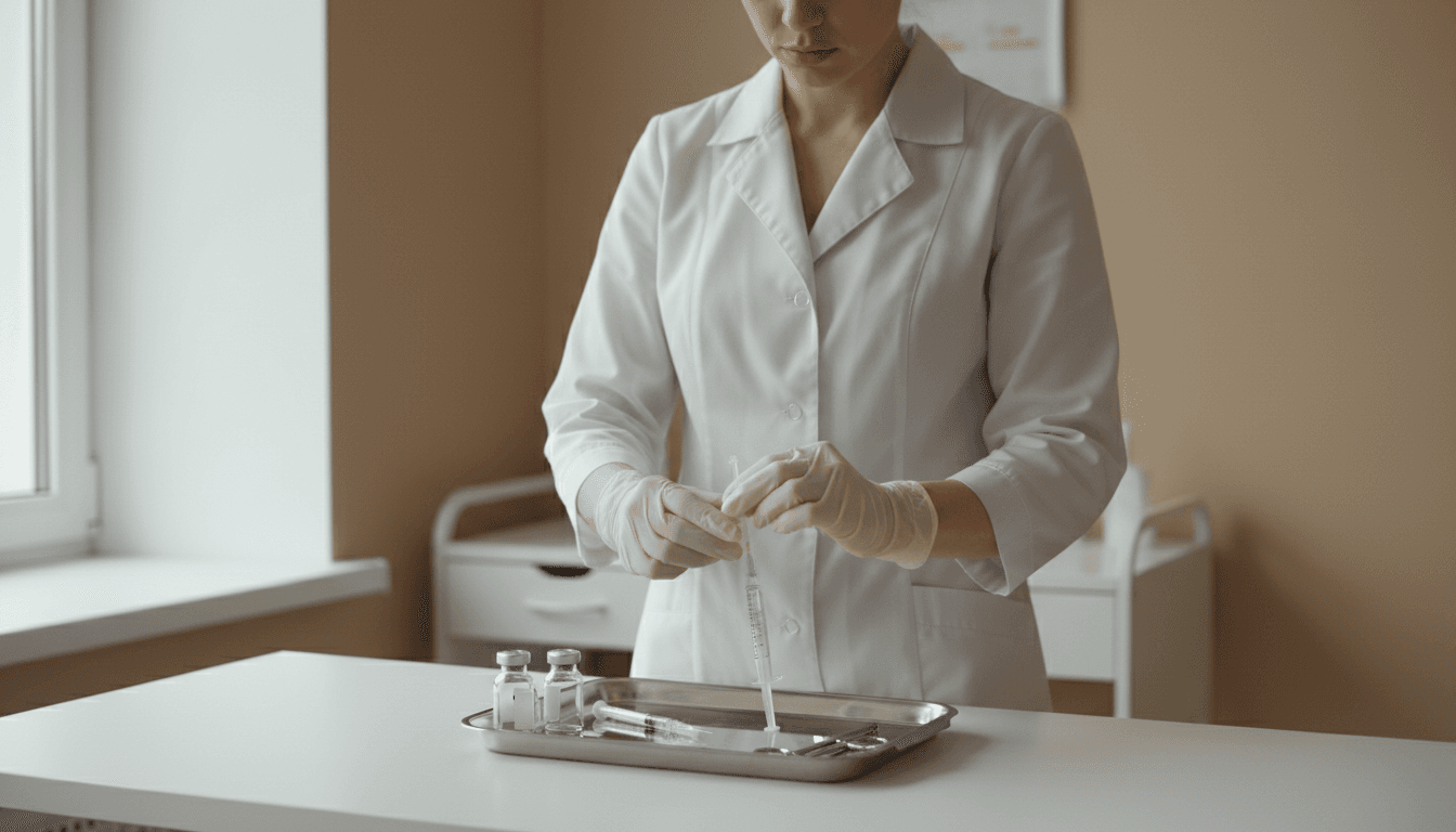 Sterile medical tray with syringes and vials, prepared by a nurse in a clinical setting
