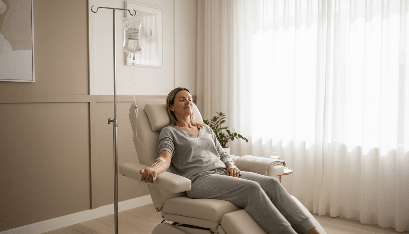 Patient relaxing in a comfortable chair during an IV drip therapy session in a modern clinic setting