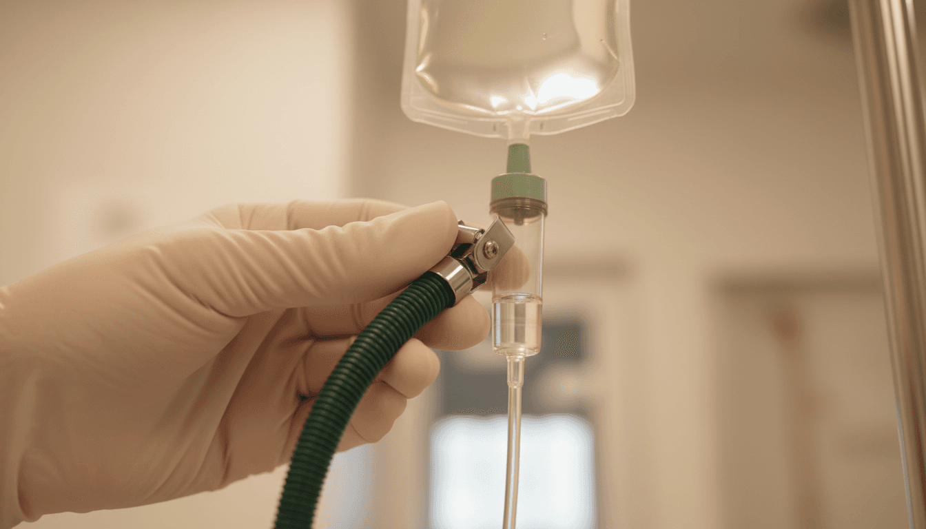 Nurse adjusting IV drip rate on B-complex infusion line