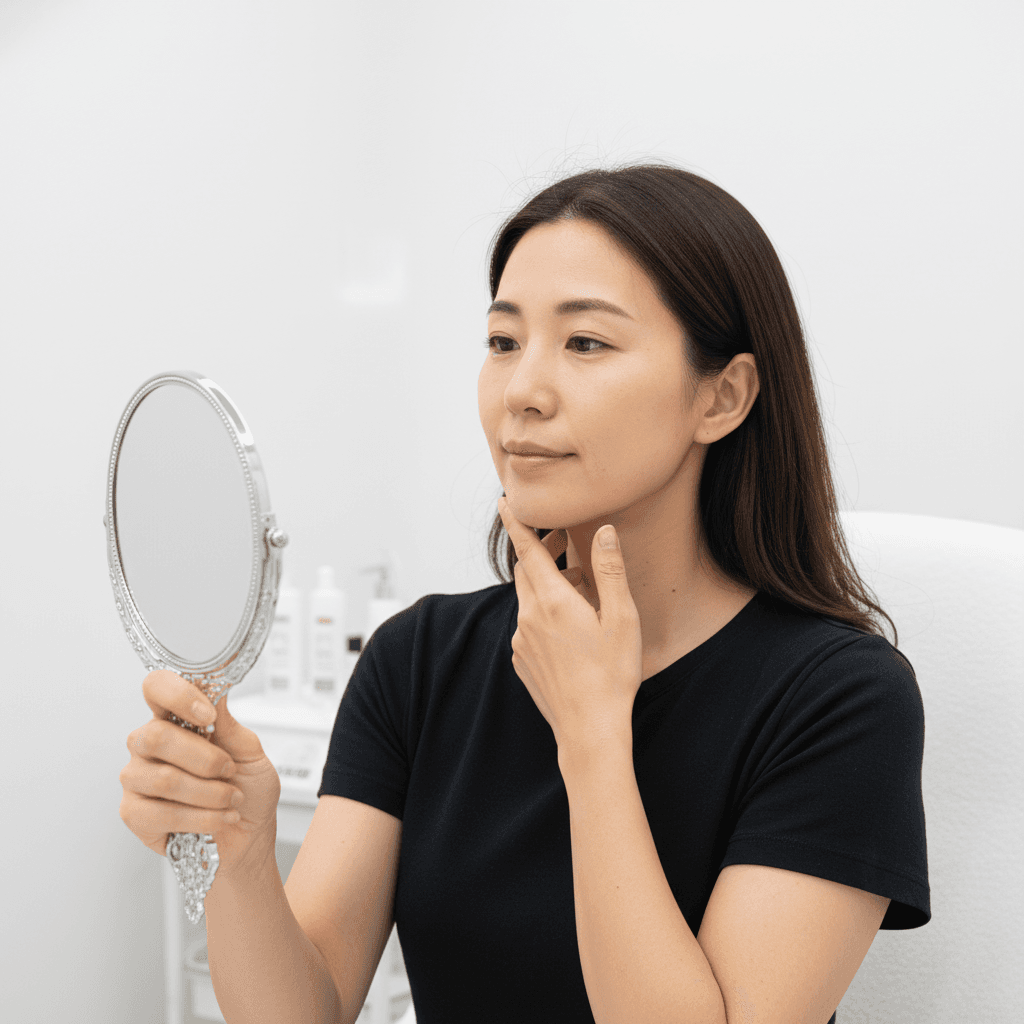 Woman examining her jawline and skin laxity after a non-surgical lift treatment