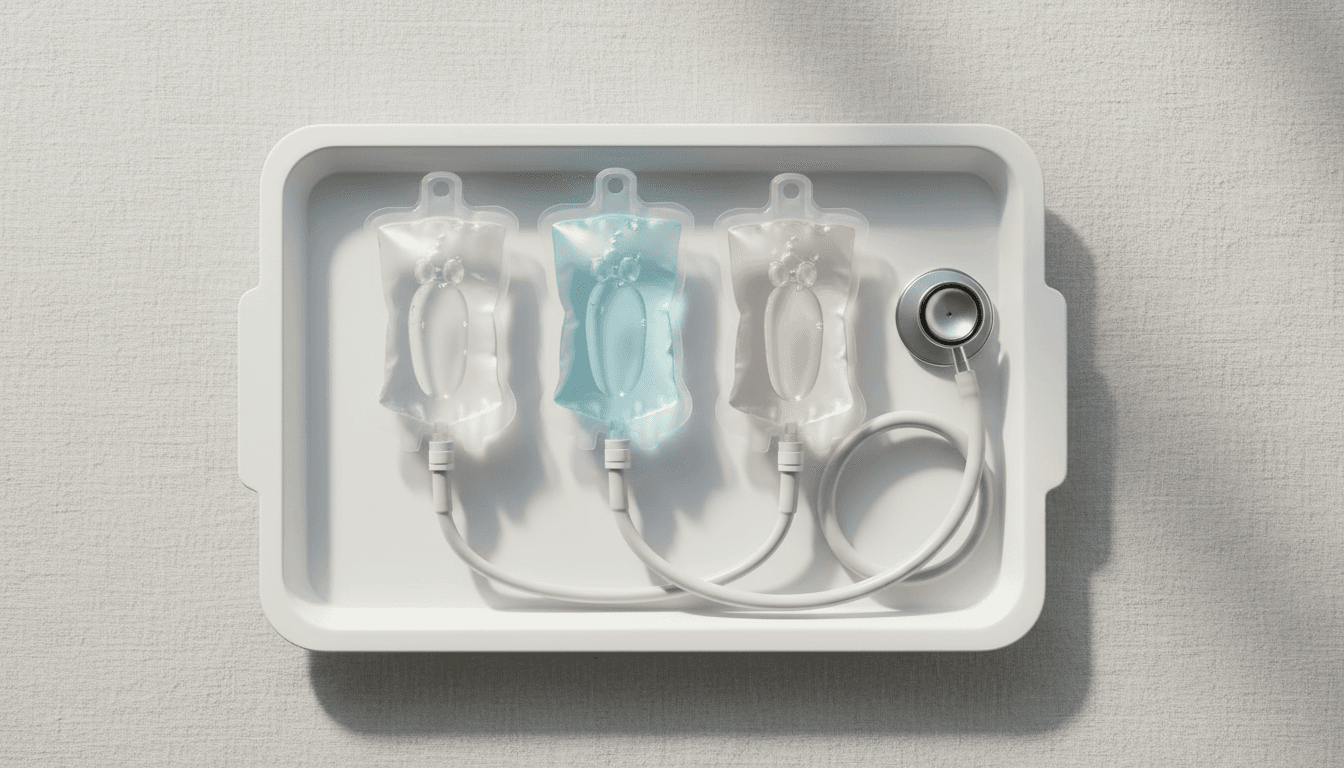 Overhead view of sealed IV bags in blue, pink, and clear on medical tray