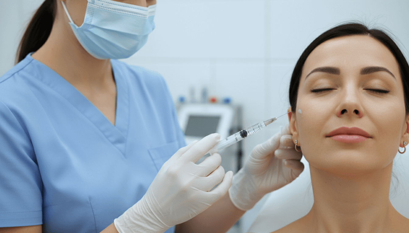 Registered nurse injector's steady hand preparing a cosmetic injectable treatment in a modern medical aesthetics clinic