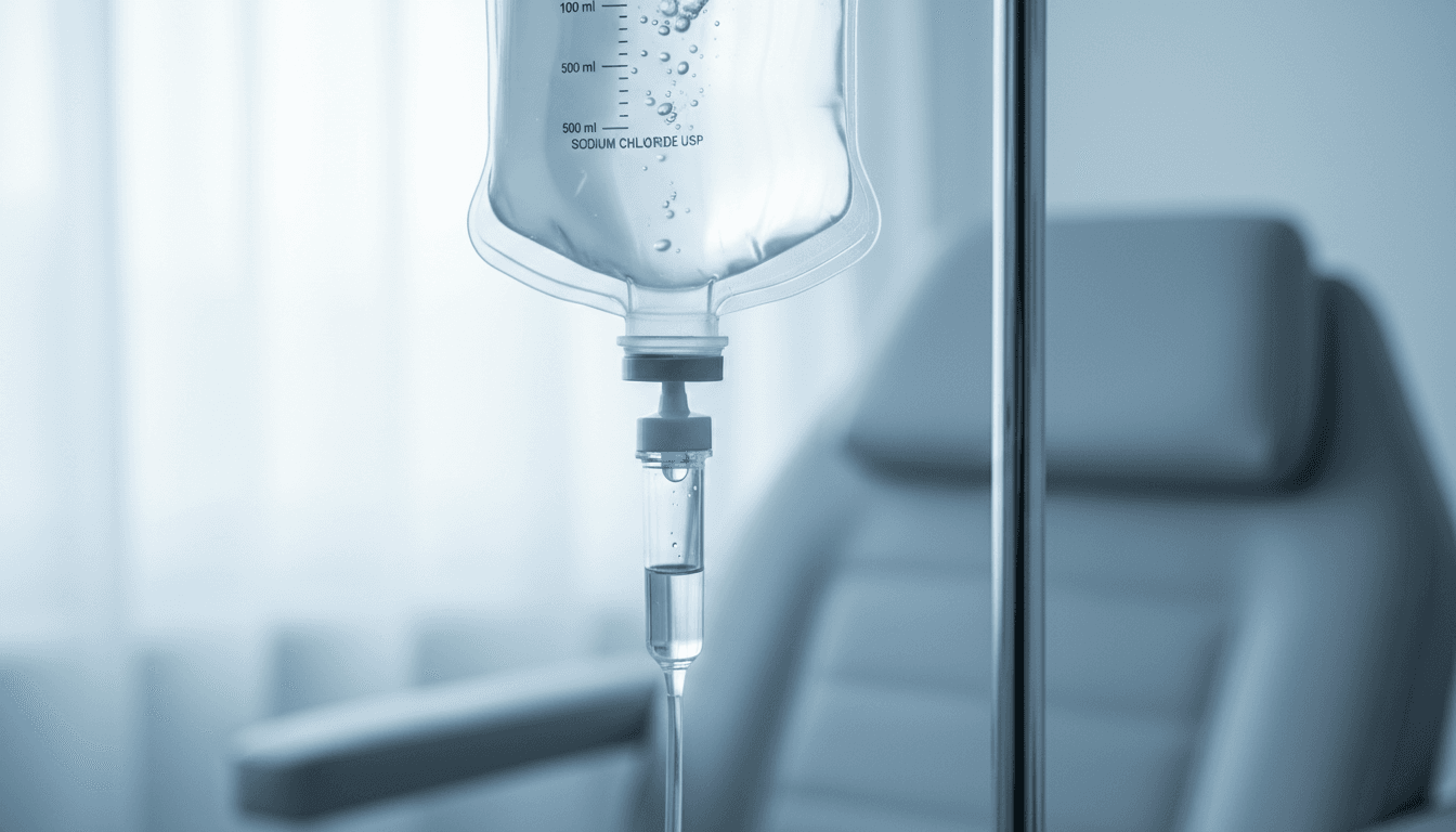 IV drip bag hanging on a chrome pole with clear fluid moving through the tubing, set in a clean clinic room with soft natural light