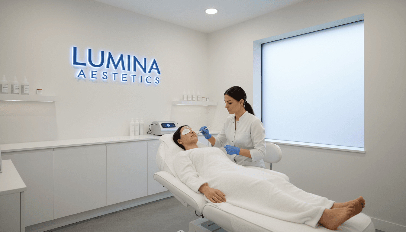 Female patient receiving laser or skincare treatment in a clean, modern medical spa setting