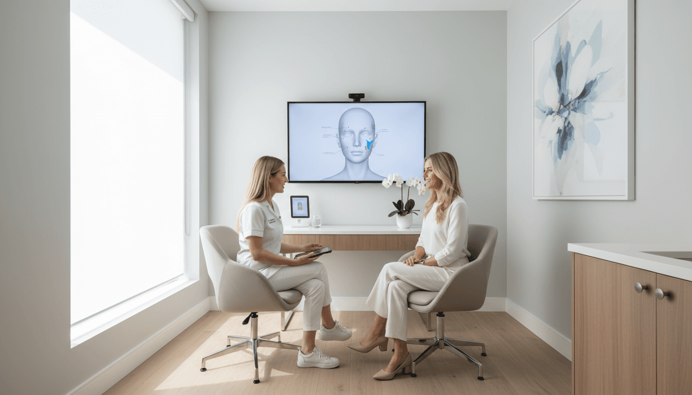 Nurse injector consulting with client in a clean modern medical aesthetics clinic