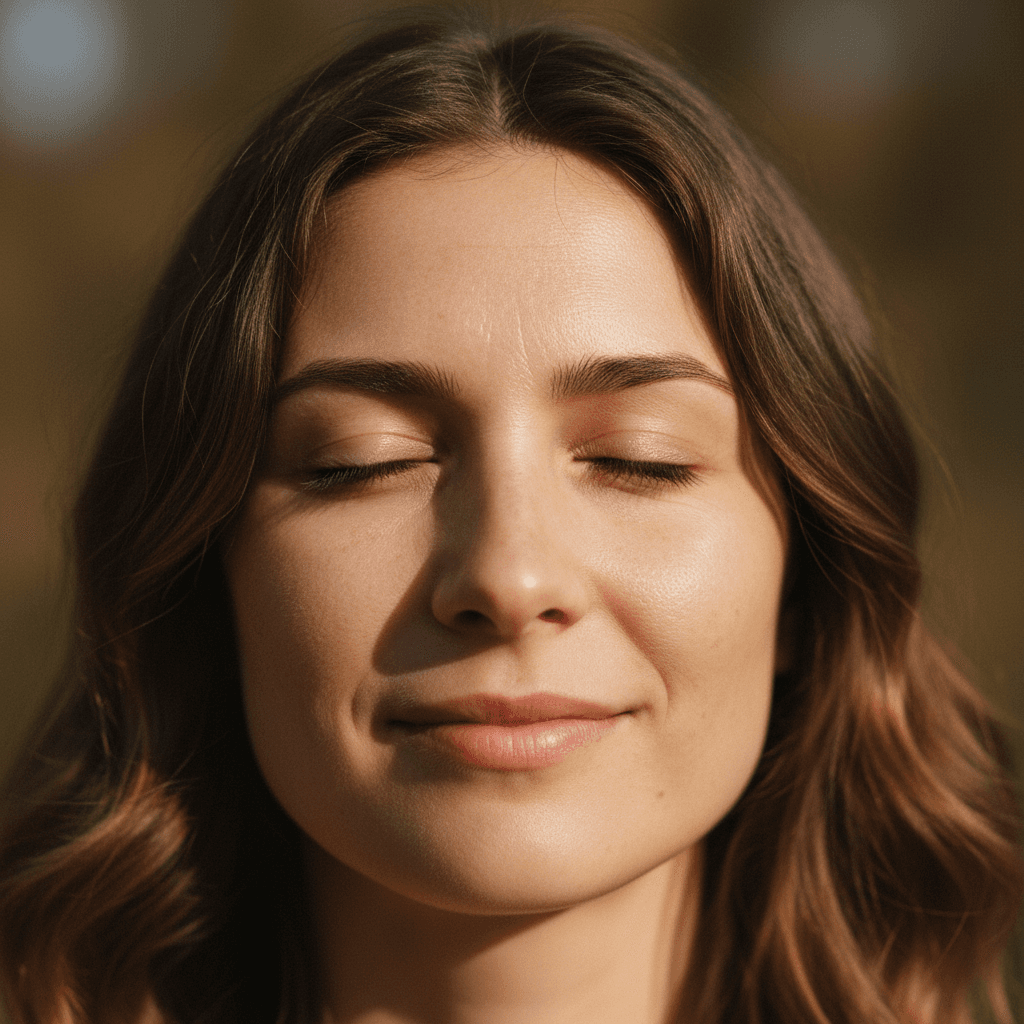Close up of woman's face with natural skin texture and relaxed expression