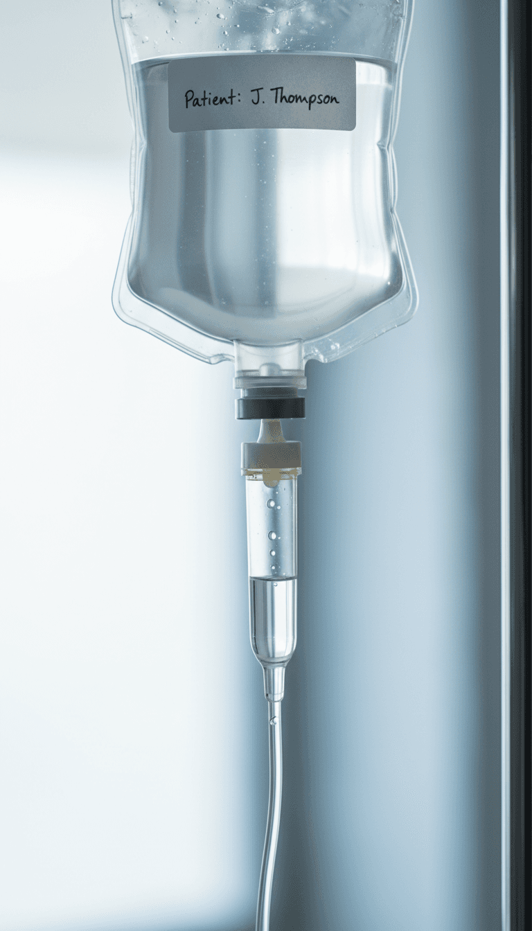 Close-up of an IV drip bag and tubing in a clean medical setting