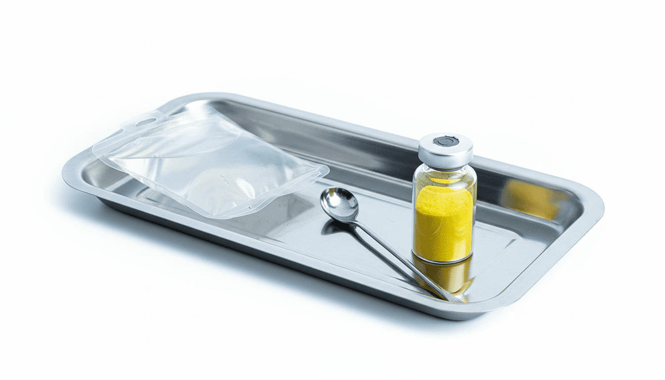 Vitamin C powder vial and saline bag on a stainless steel tray