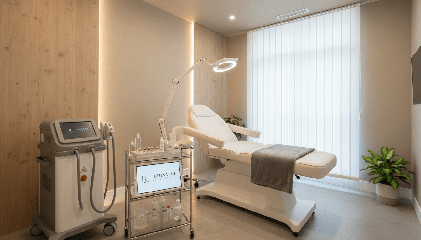 Modern medical aesthetics clinic treatment room with professional equipment and soft lighting