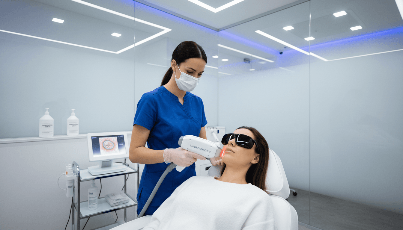 Professional laser hair removal treatment on client's face with medical device