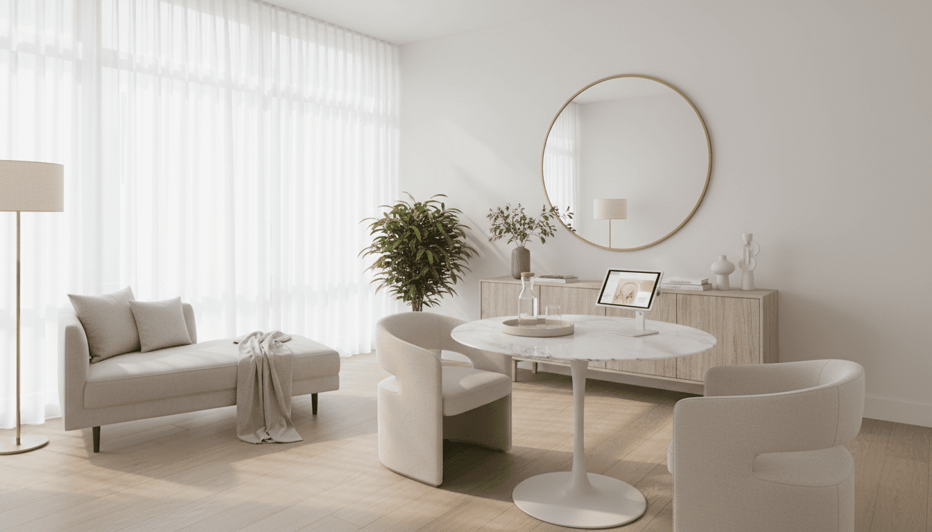 Modern consultation room at a medical aesthetics clinic with soft natural light