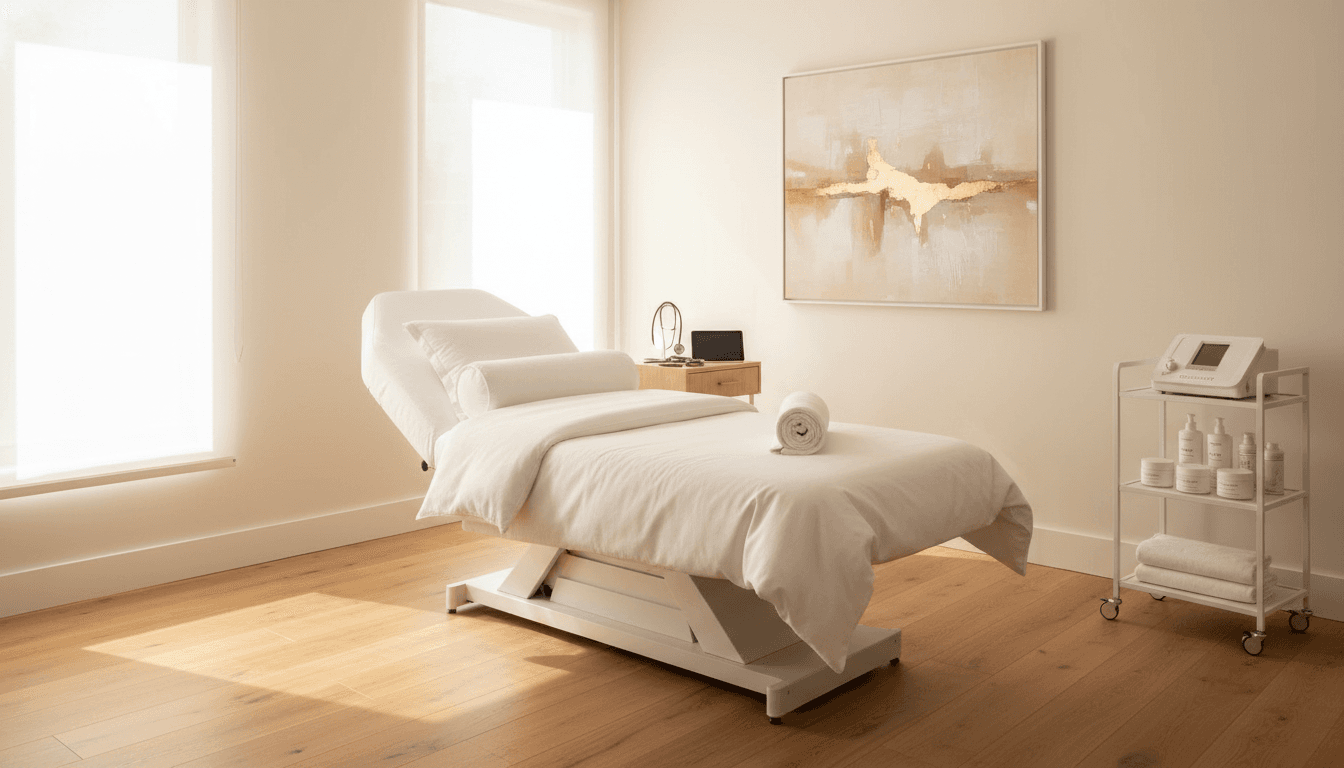 Bright, professional medical aesthetics treatment room in a clean clinic