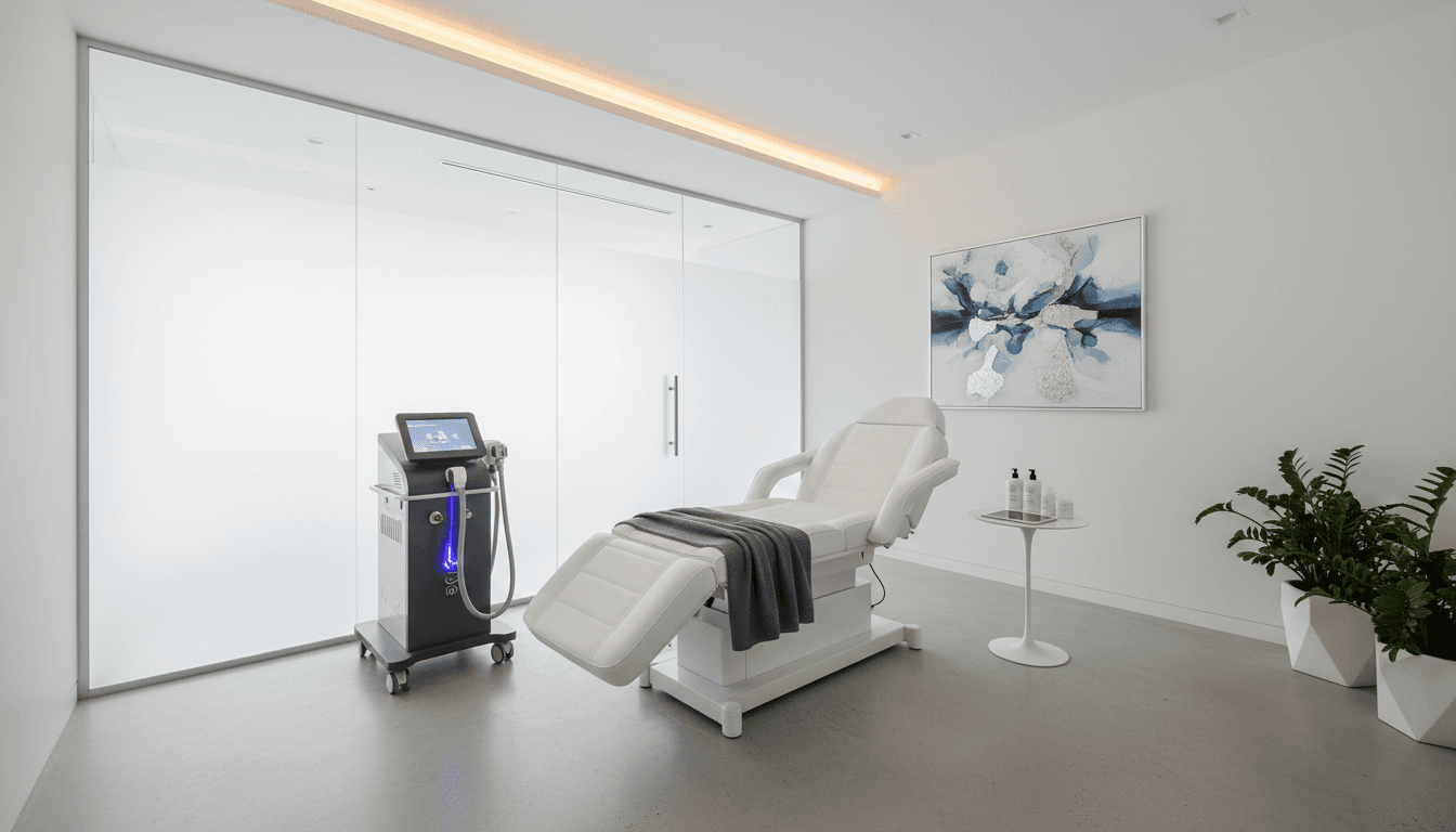 Modern medical aesthetics clinic treatment room with laser equipment and cozy bed
