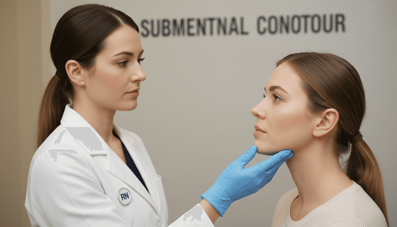 Registered nurse assessing a woman's jawline and chin area during a Belkyra consultation at a medical aesthetics clinic