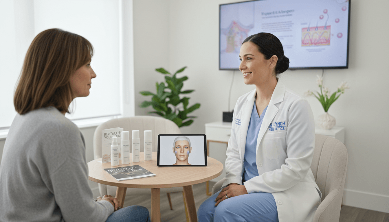 Registered nurse injector consulting with female patient in a clean, professional clinical setting