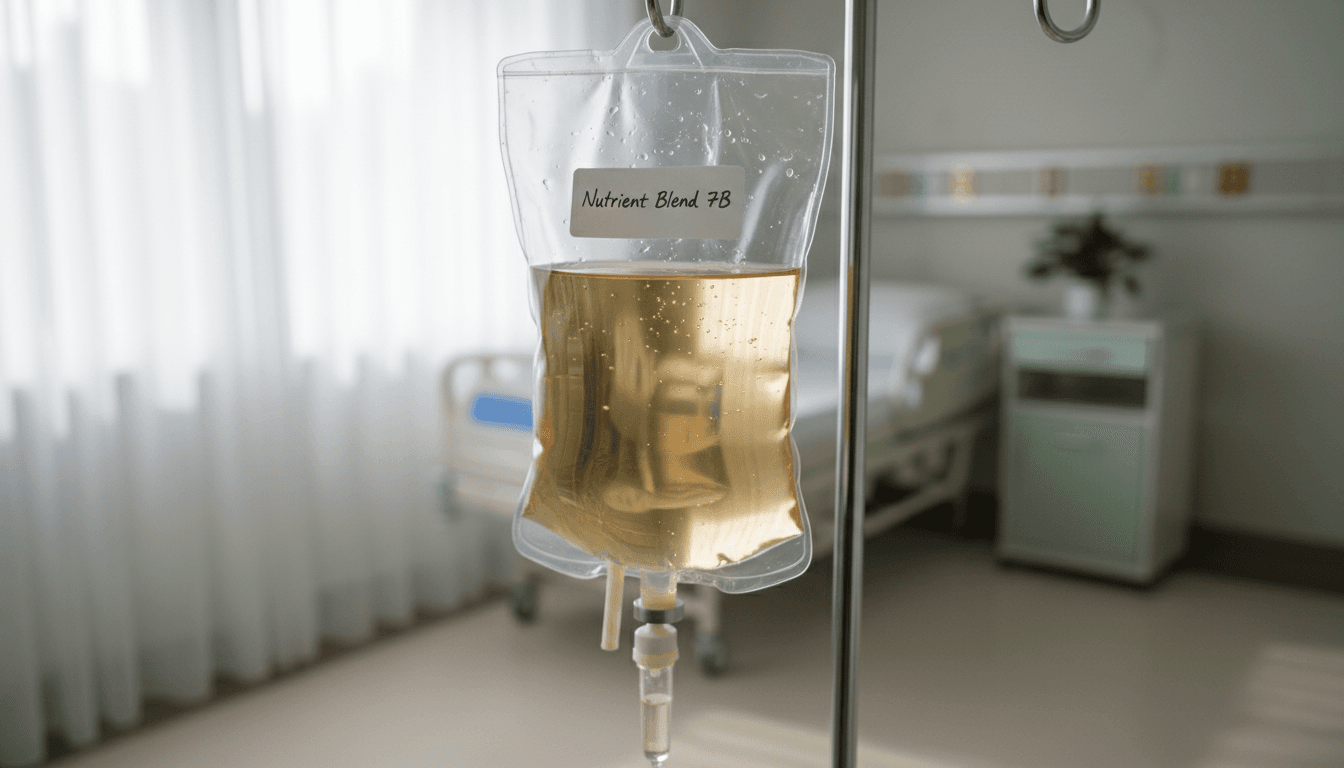 Myers cocktail IV drip bag with amber solution in a clean medical setting