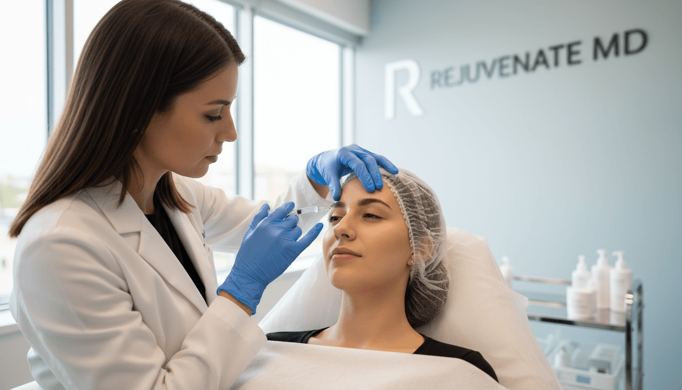 Doctor administering a cosmetic injection to a patient's forehead at a Rejuvenate MD clinic.