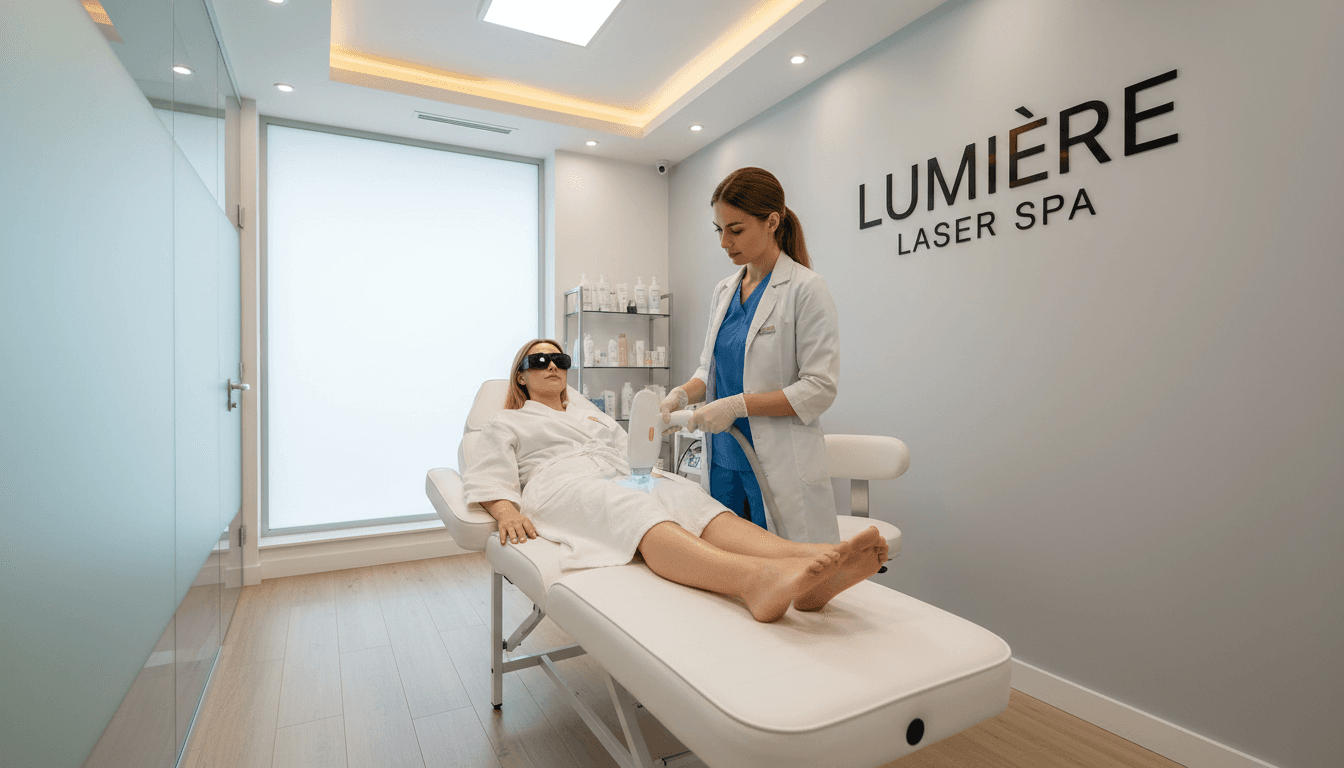 Woman receiving professional laser hair removal treatment in a clean, modern medical clinic