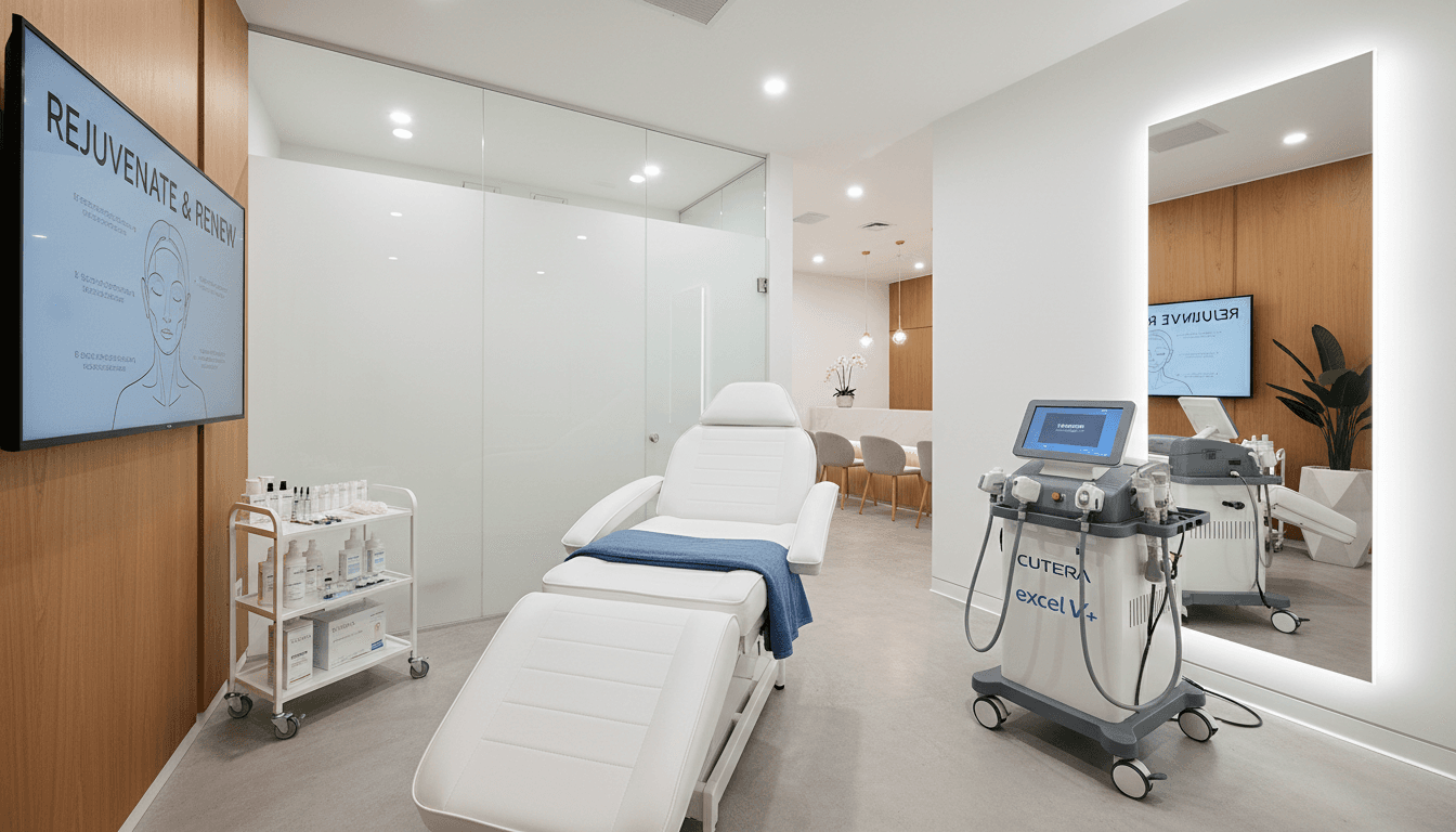 Modern medical aesthetics clinic interior with professional treatment bed and equipment