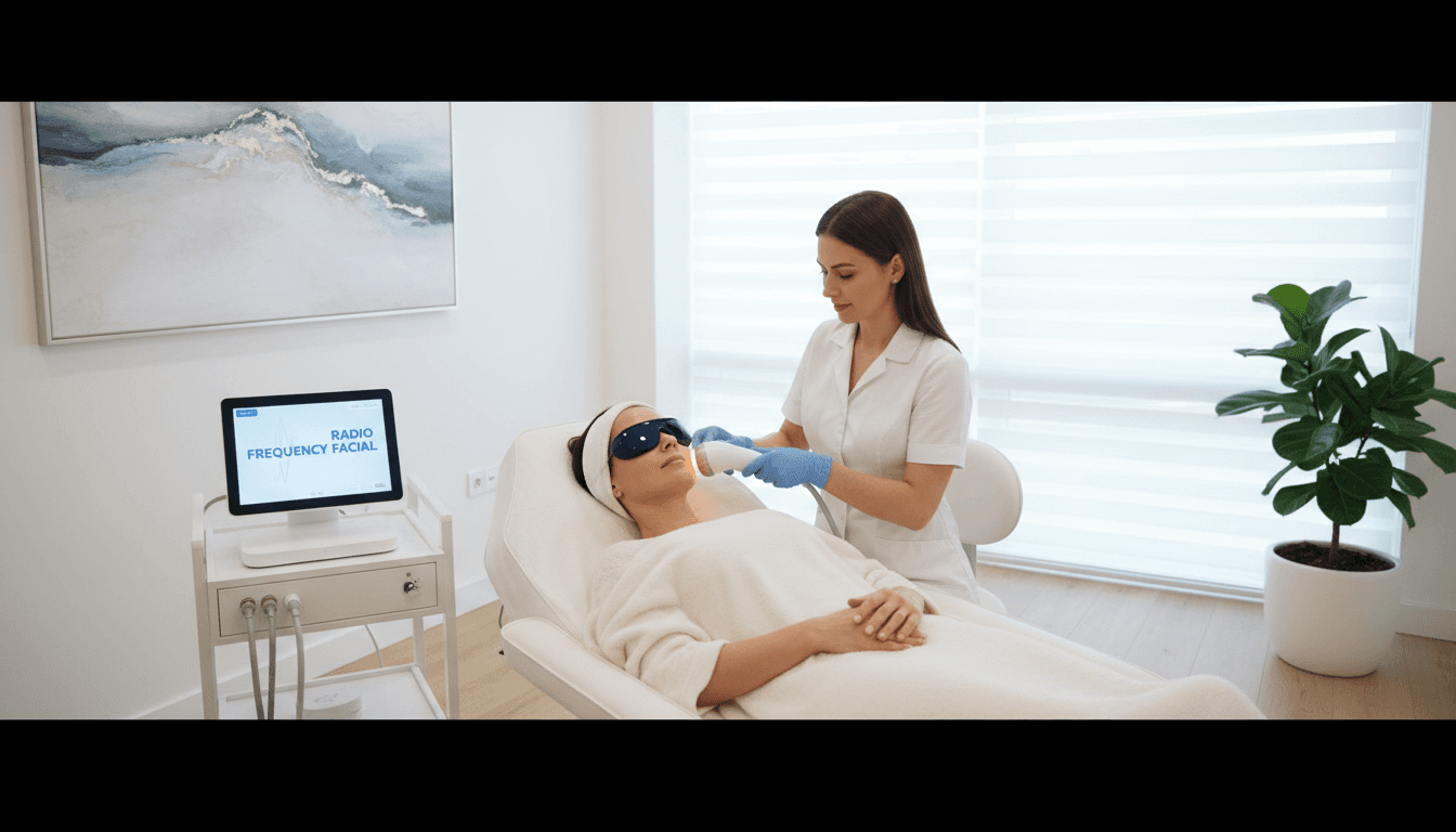 Non-invasive radiofrequency facial treatment on client in modern clinic room
