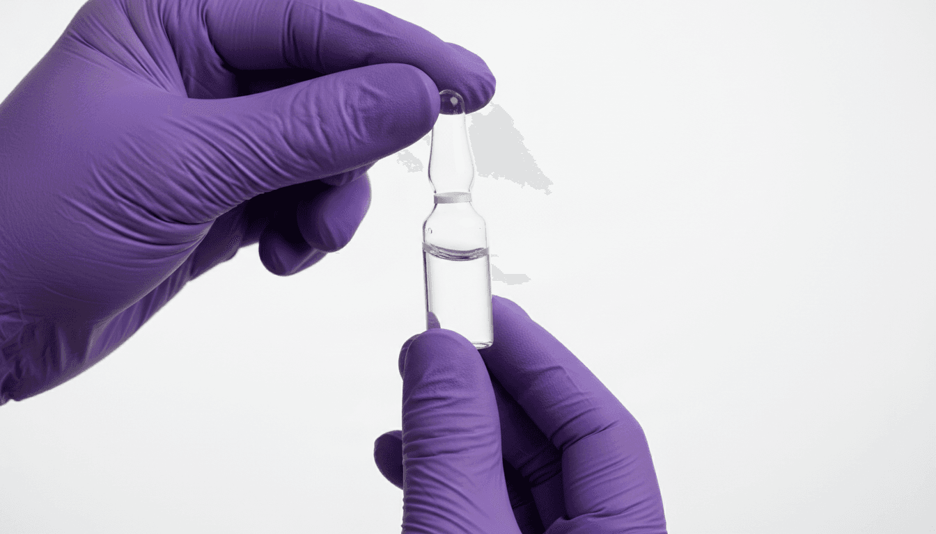 Hands in purple gloves holding a glass ampoule of glutathione