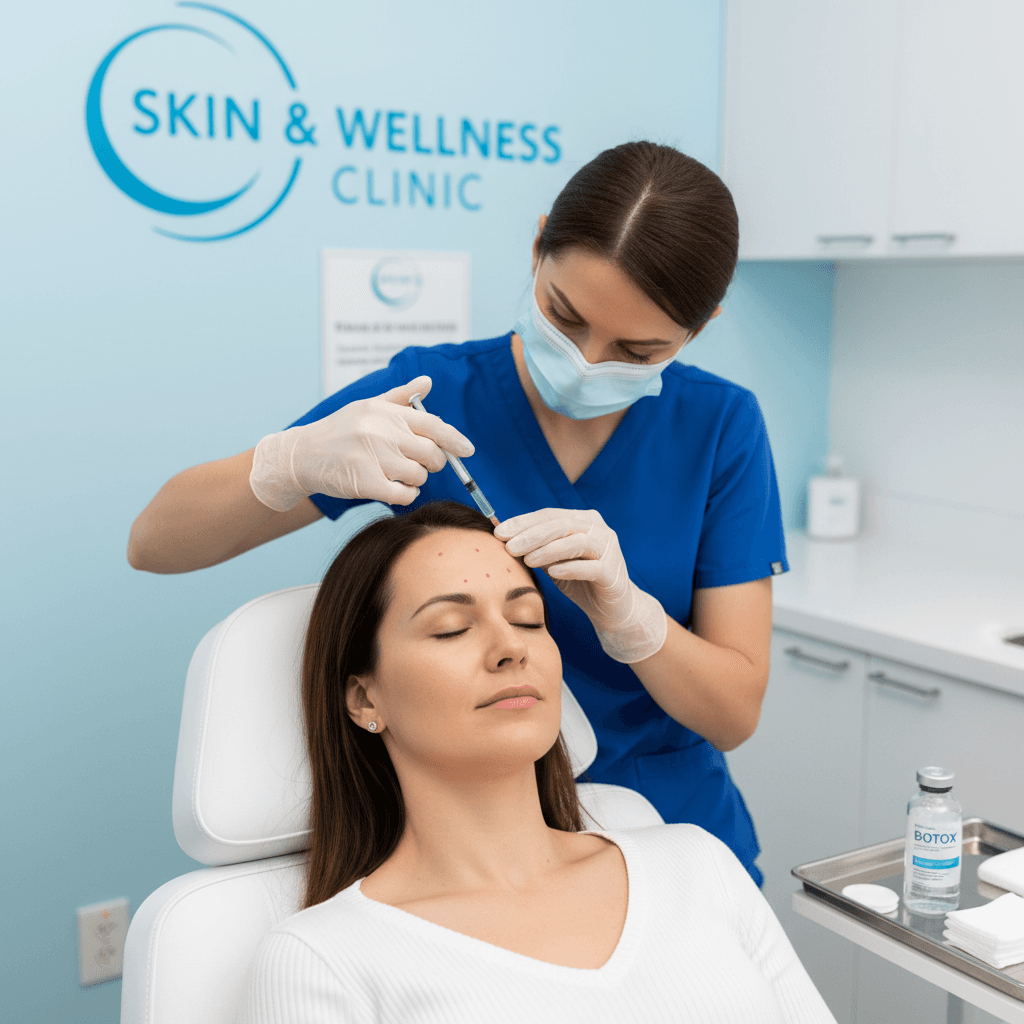 Patient receiving BOTOX injection on forehead by Registered Nurse Injector at medical aesthetics clinic