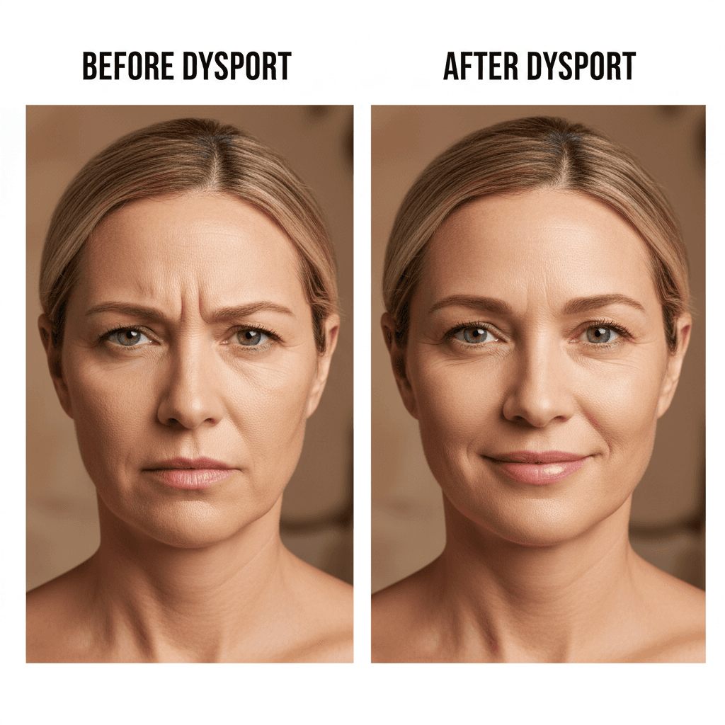 Crow's feet and frown lines before and after Dysport treatment with natural expression results