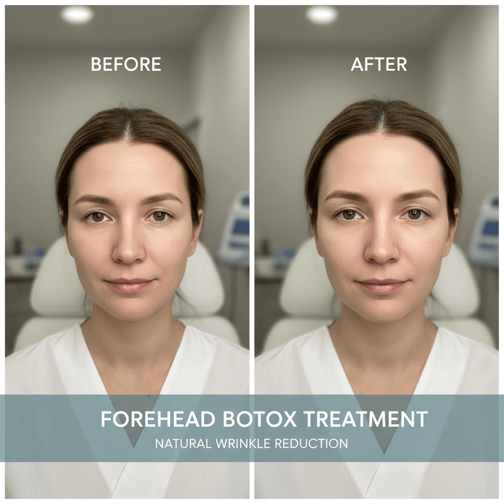 Forehead wrinkles before and after Botox, relaxed natural result