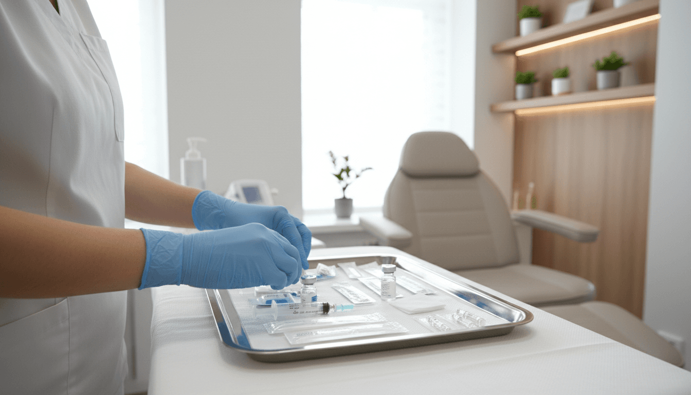 Registered Nurse hands preparing injectable treatment tray in a clean clinical setting