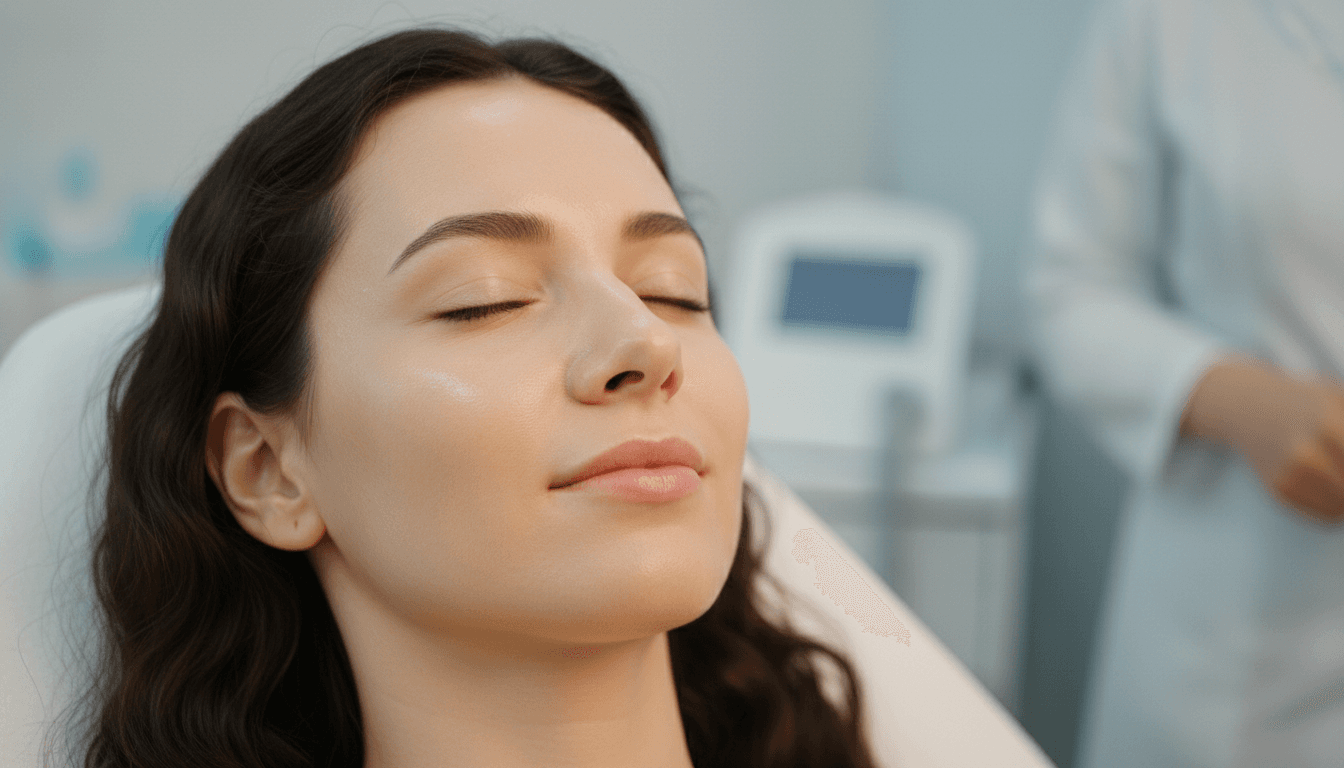 Close-up of a woman's face with clear, healthy-looking skin after PicoWay laser treatment, clinical setting with soft professional lighting