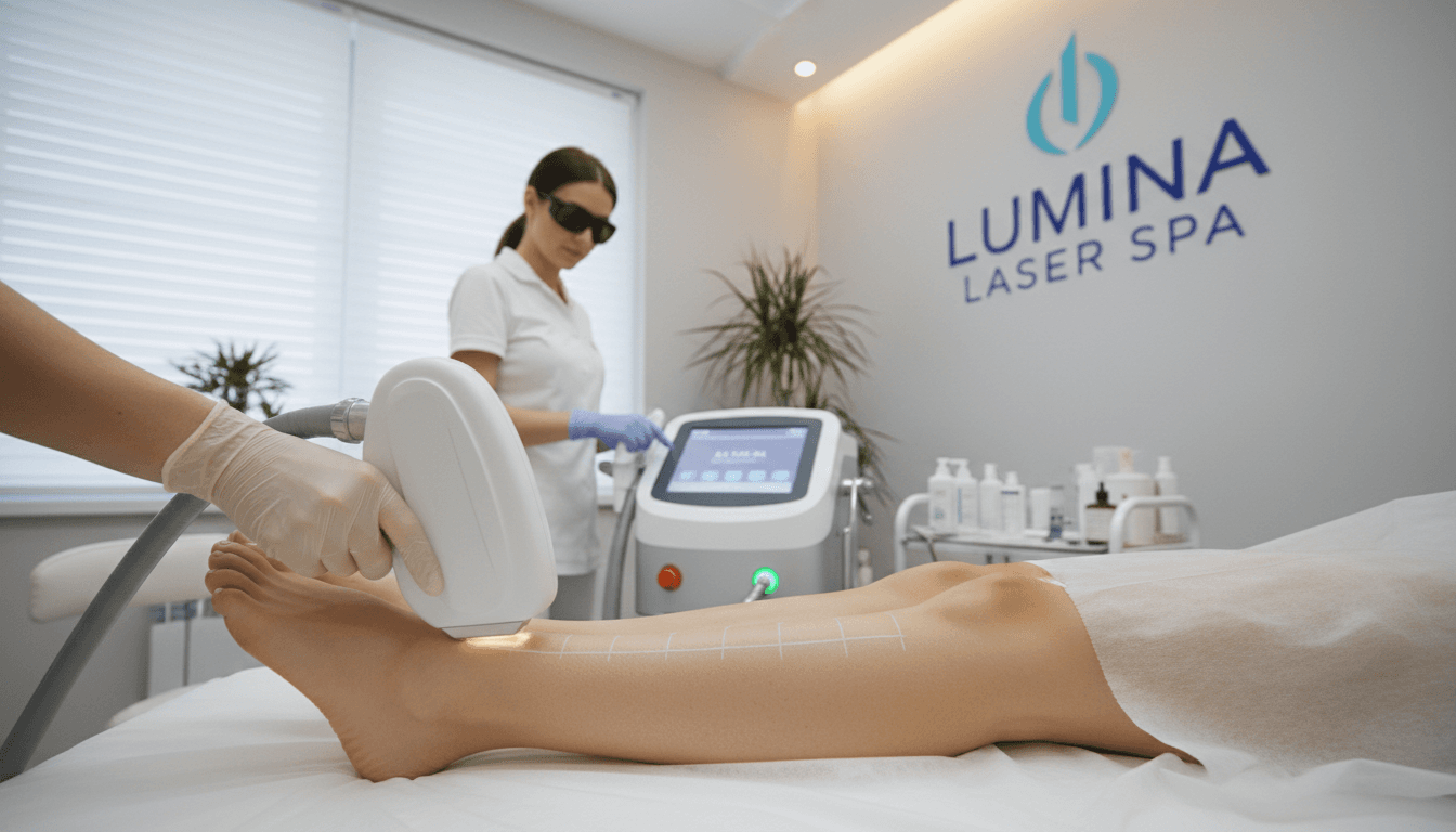 Laser hair removal treatment being performed on leg