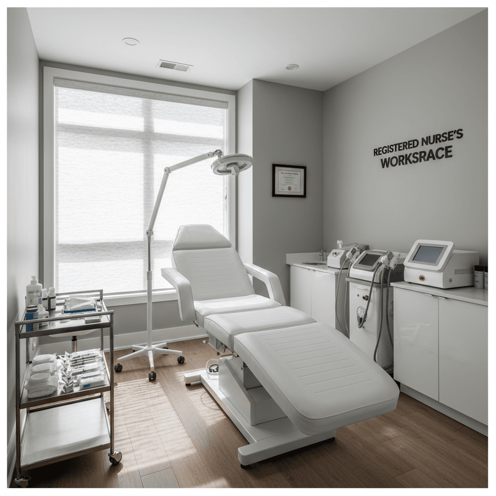 A clinical documentary aesthetic wide shot of a modern medical aesthetics treatment room in Scarborough