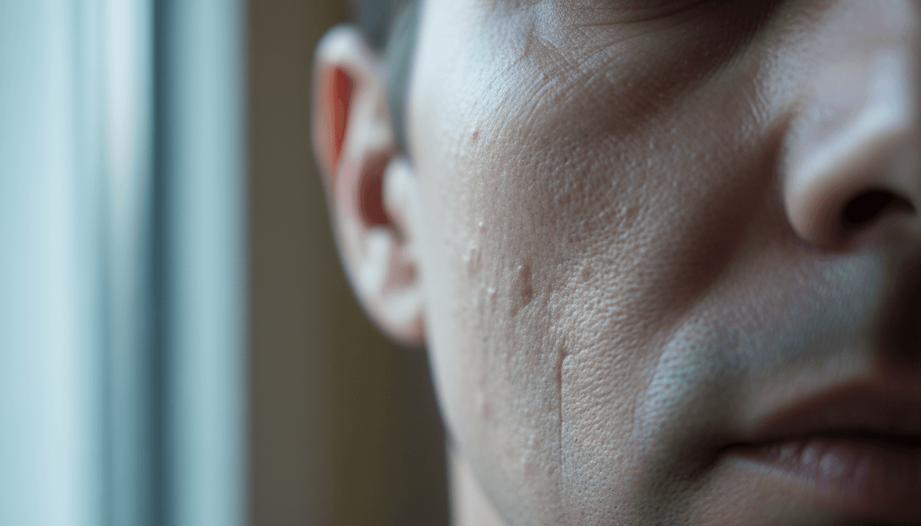 Macro shot of acne scars on cheek before PicoWay treatment
