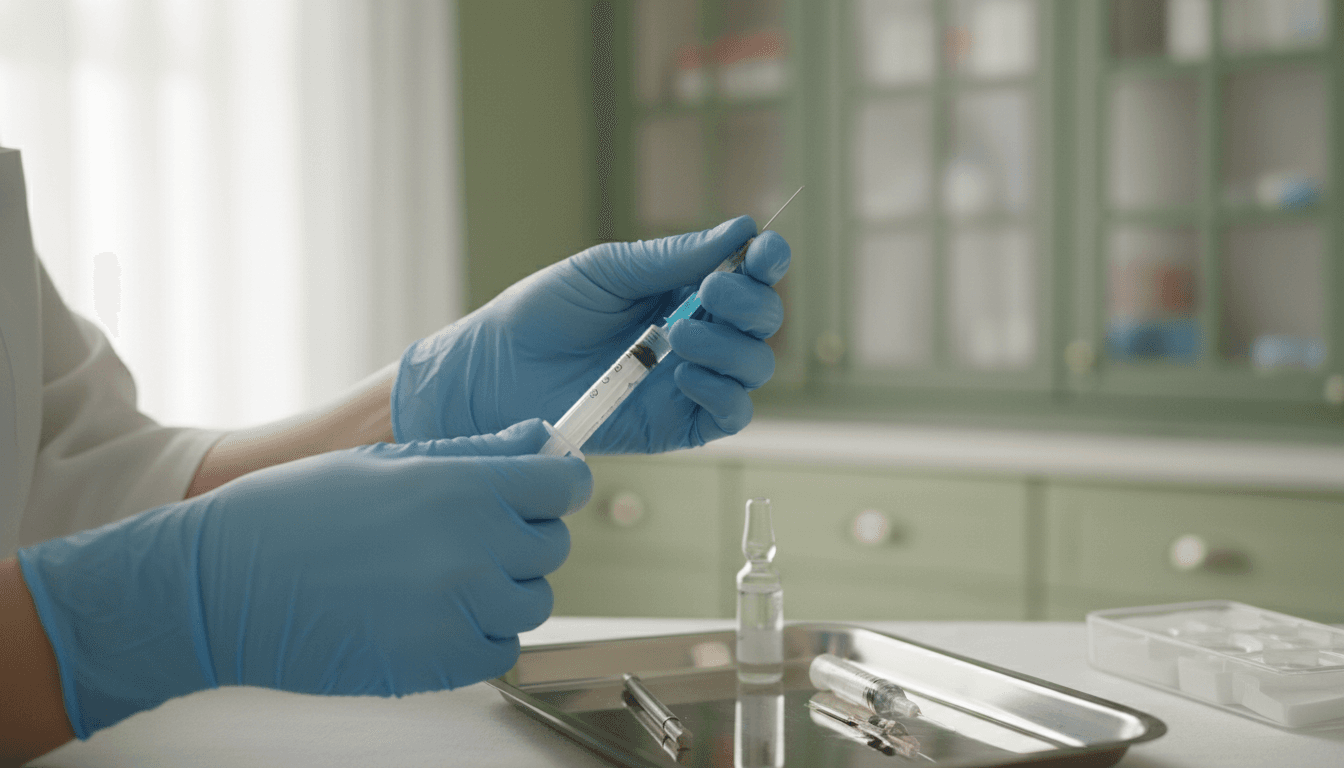 Gloved hands preparing a medical syringe on a sterile tray in a calm clinic setting