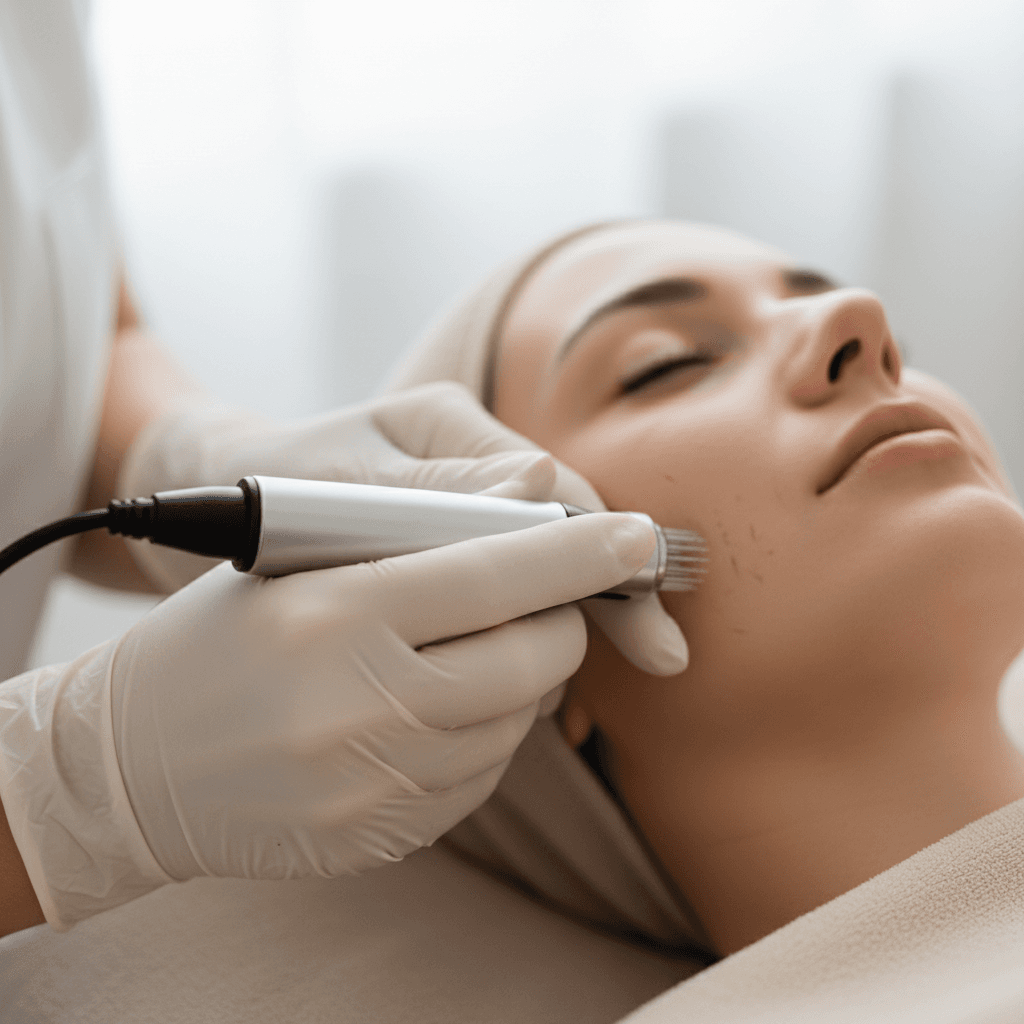 Aesthetician performing microneedling treatment on client's cheek with precision and care in clinical setting