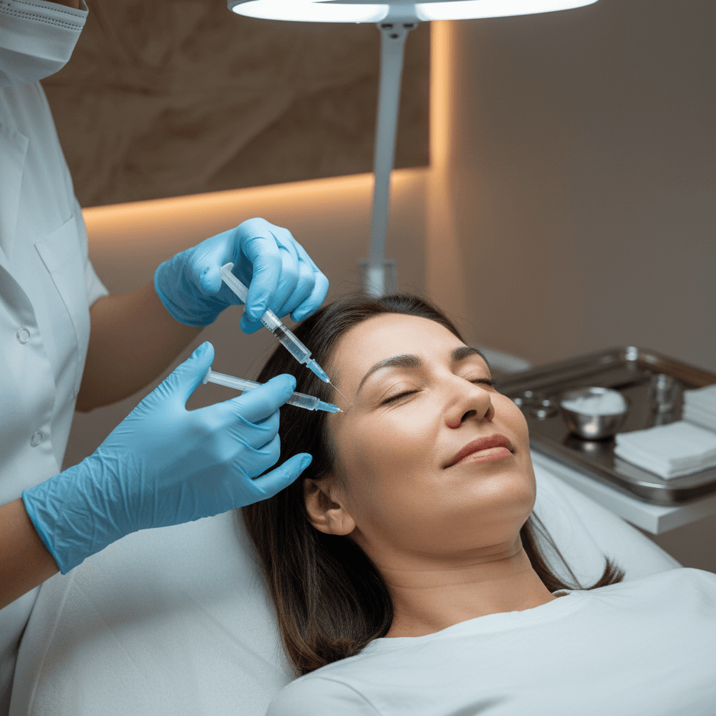 Aesthetician administering precise facial injection treatment to relaxed client in professional medical spa setting