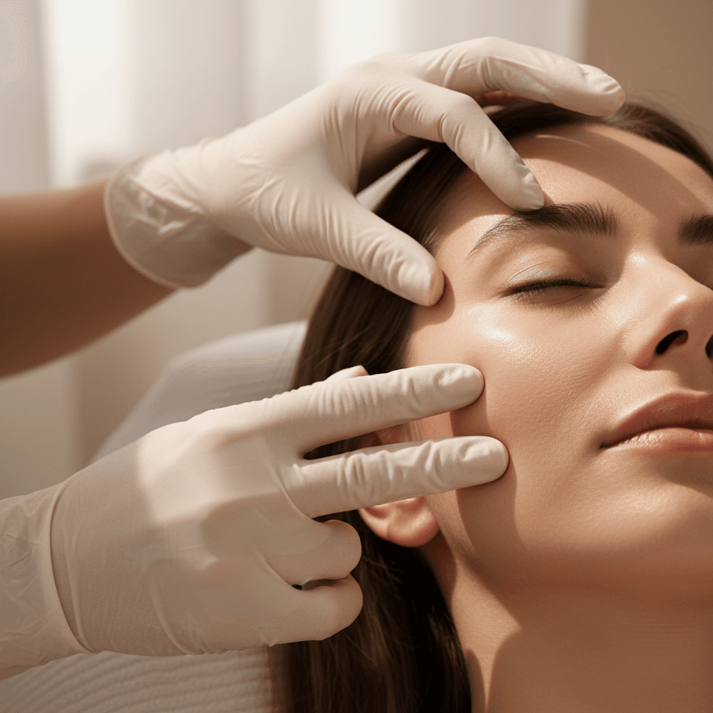 Medical professional's gloved hands gently examining patient's facial structure during consultation appointment
