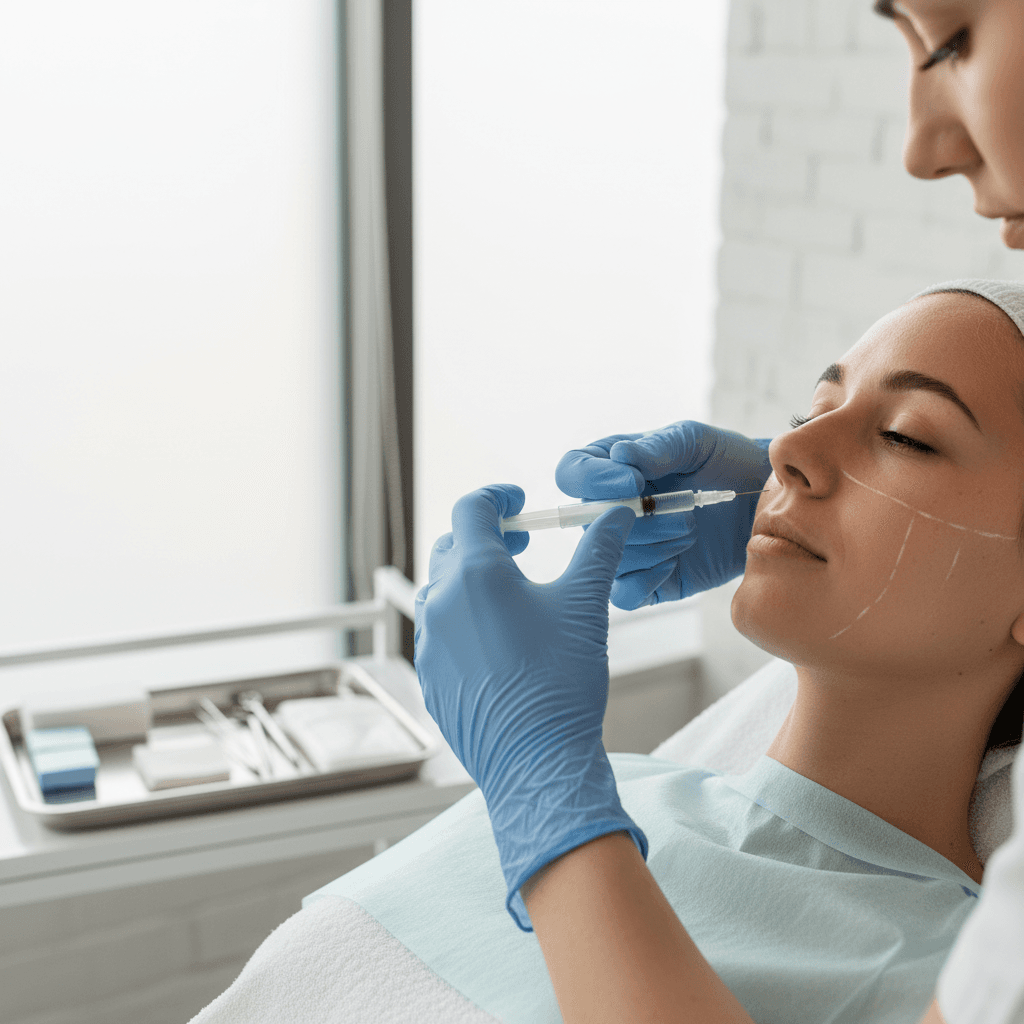 Nurse practitioner's gloved hands carefully administering dermal filler injection to patient's cheekbone in bright clinical treatment room