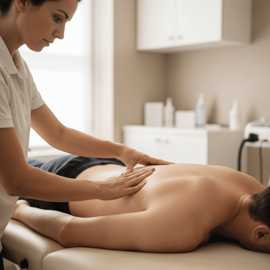 Therapist performing detailed manual assessment of patient's lower back during clinical examination session