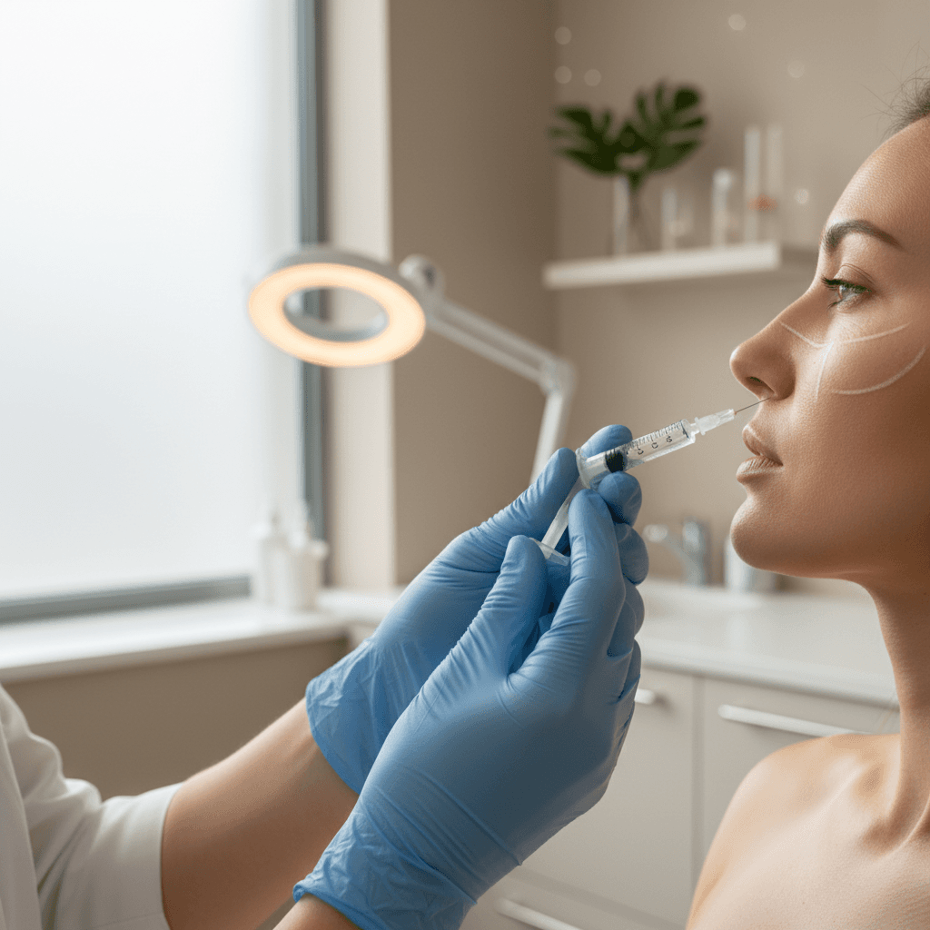 Medical professional's gloved hands administering dermal filler injection with precision in a clinical treatment room