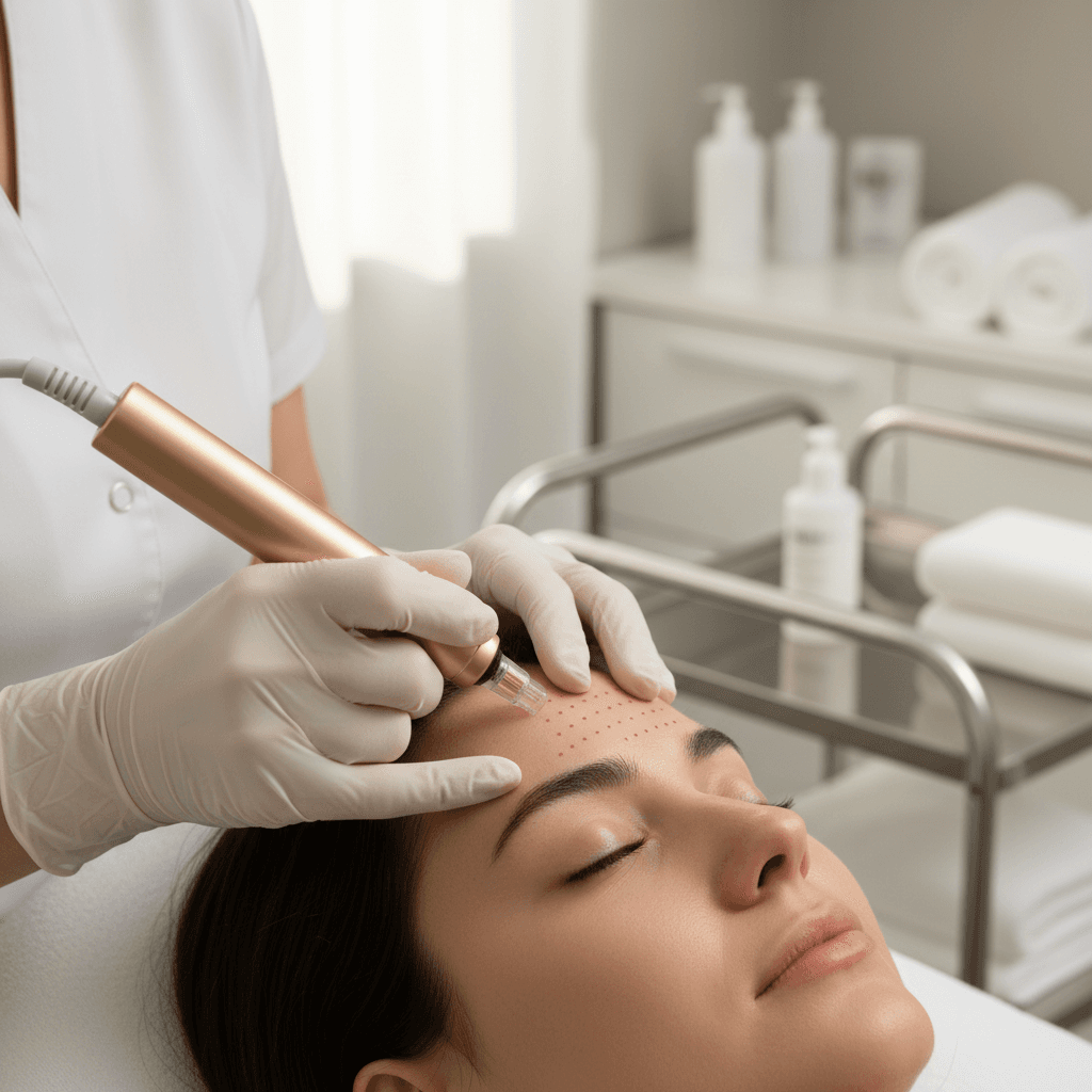 Practitioner's gloved hands performing microneedling treatment on client's forehead with professional device in clinical setting