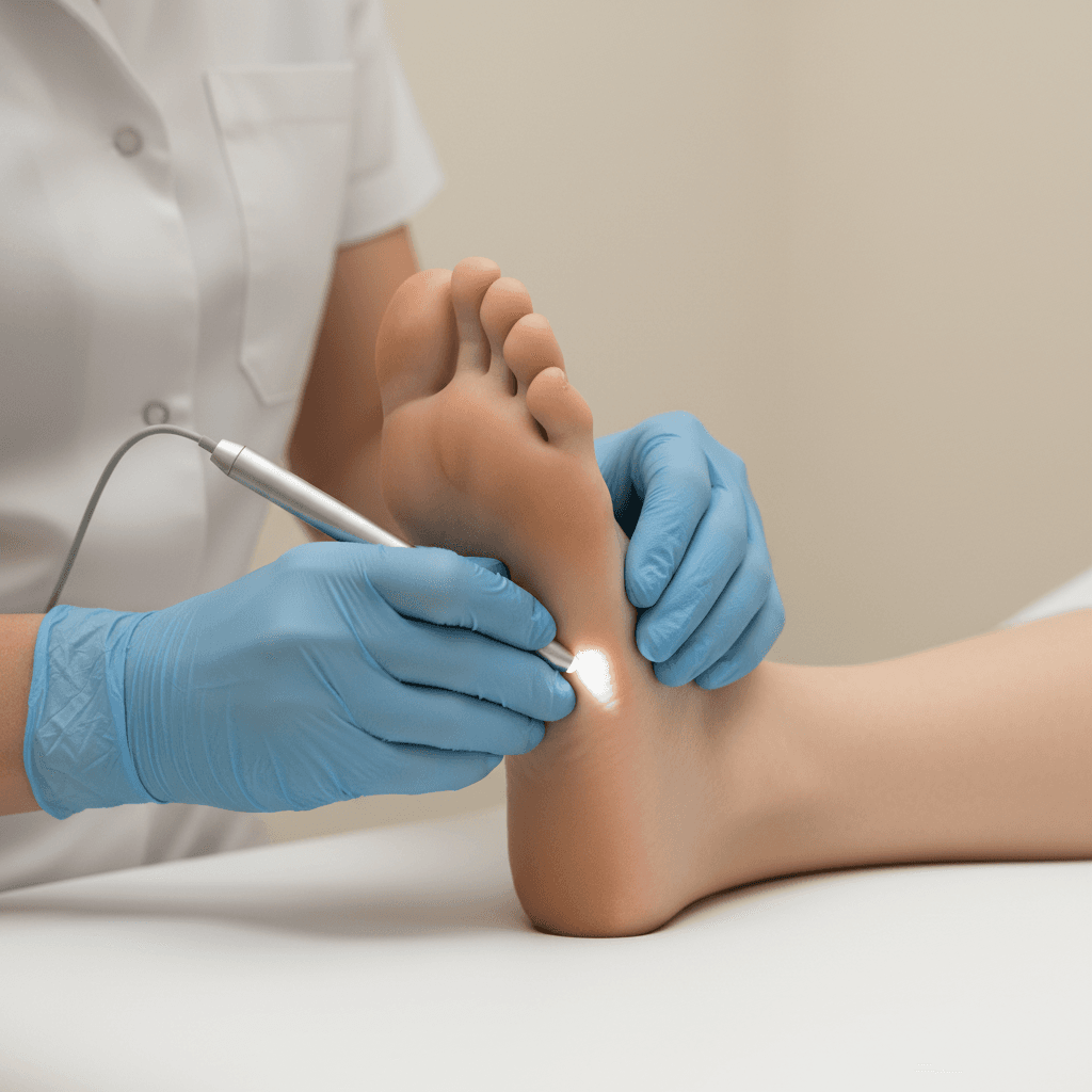 Podiatrist's gloved hands examining patient's foot sole with illuminated diagnostic tool in clinical setting