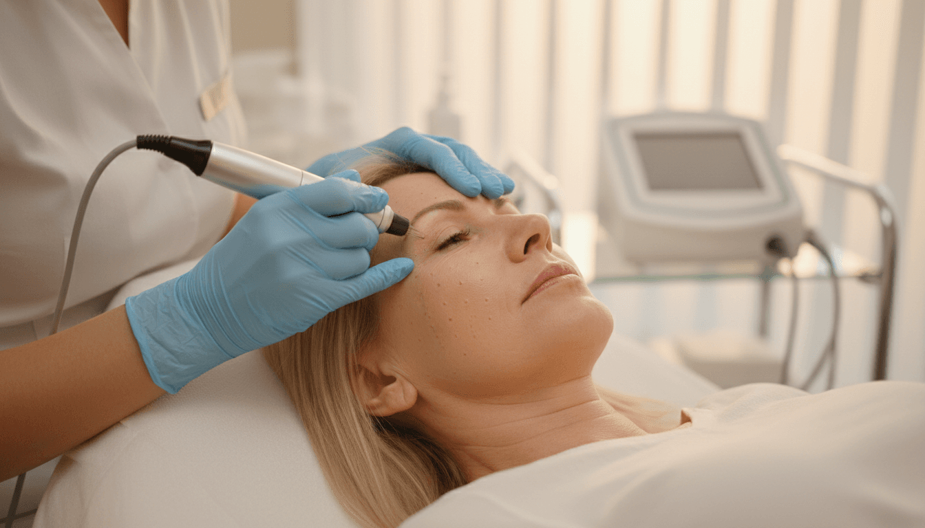Licensed esthetician performing microneedling treatment on mature woman's face in professional clinic setting