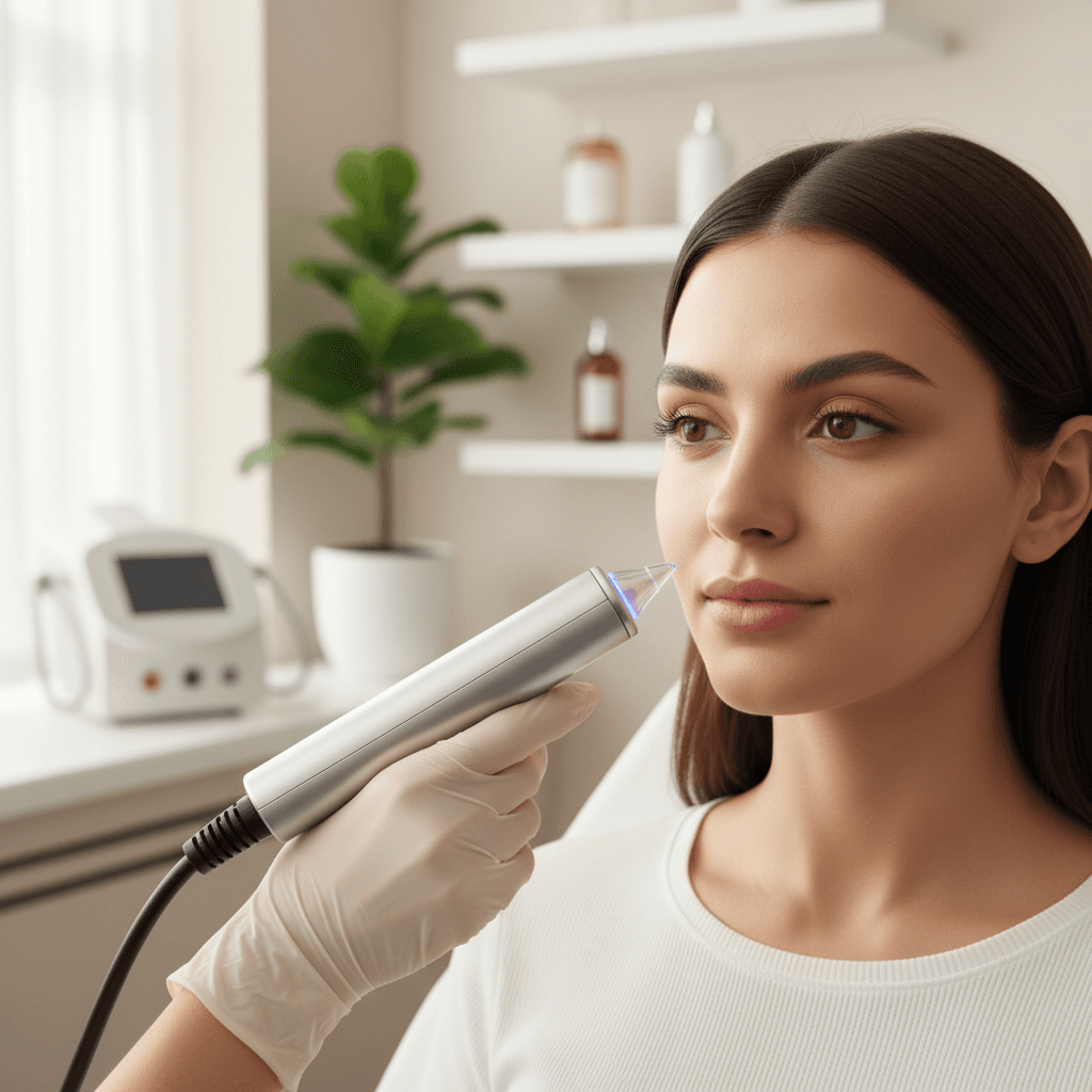 Female client receiving facial consultation during laser hair removal assessment with trained aesthetic professional