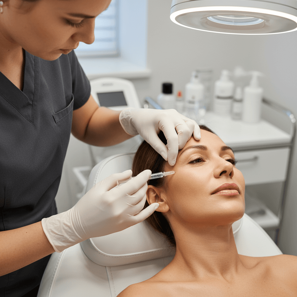 Skilled practitioner administering dermal filler injection to client's cheekbone with precision technique and clinical equipment