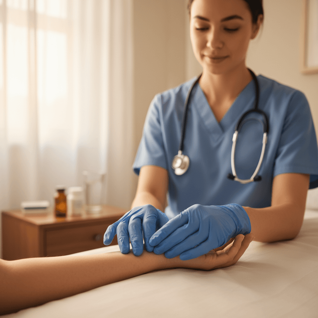 Nurse in scrubs checking patient's pulse with gloved hands in naturally-lit bedroom setting
