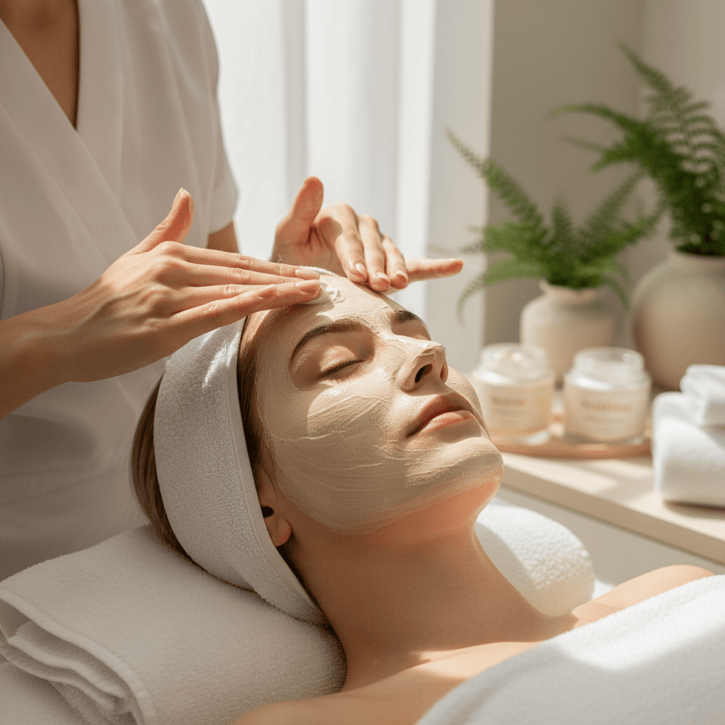 Esthetician applying facial mask to client's face during professional skincare treatment in serene spa setting