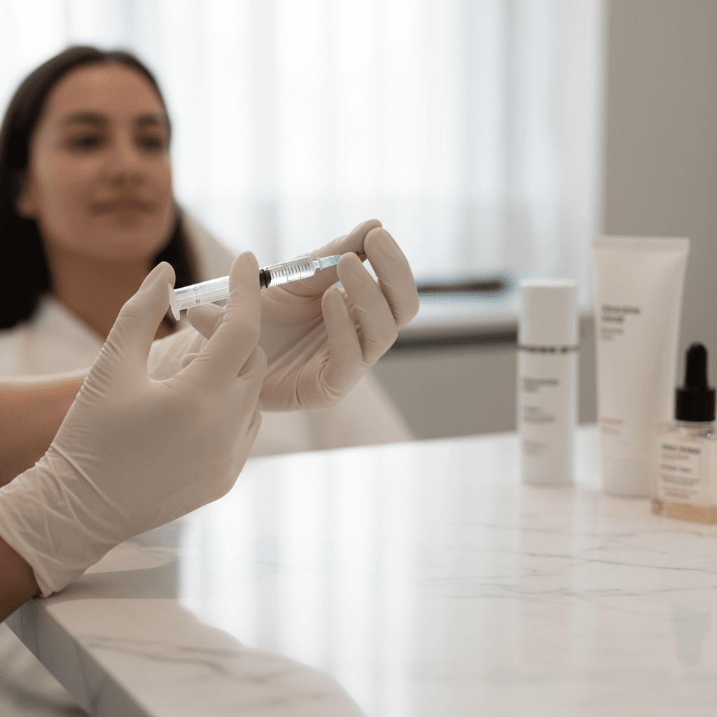 Aesthetics professional's gloved hands performing dermal filler injection with precision during client consultation
