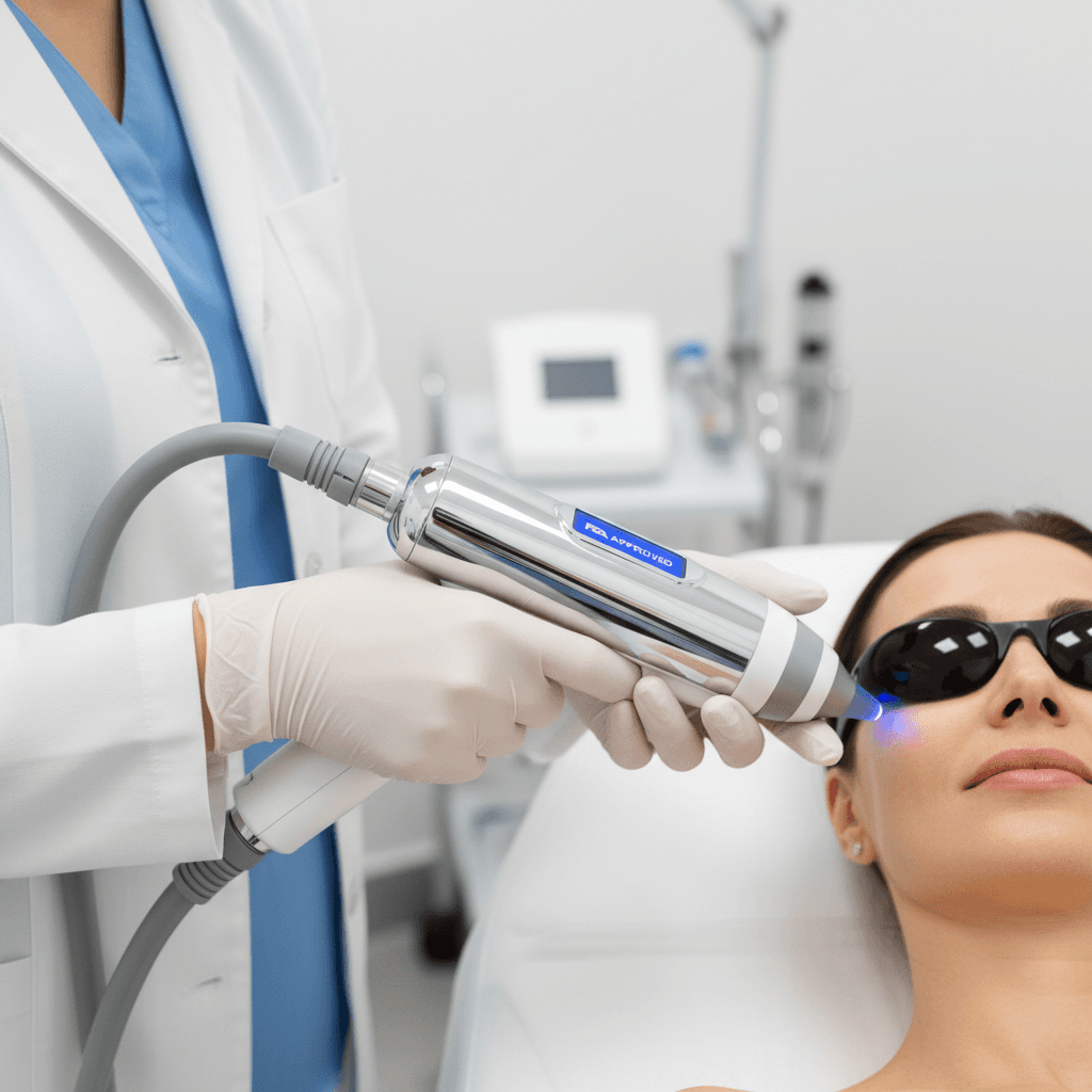 Dermatologist hands holding advanced laser device during precision skin treatment procedure in clinical setting